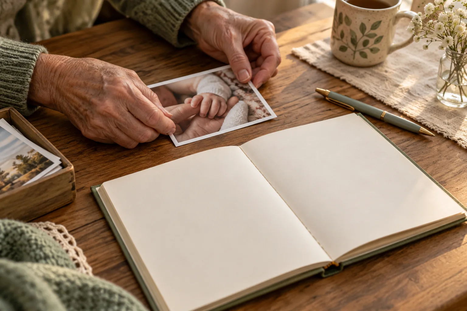 Grandparent hands placing a family photo beside a blank baby keepsake notebook