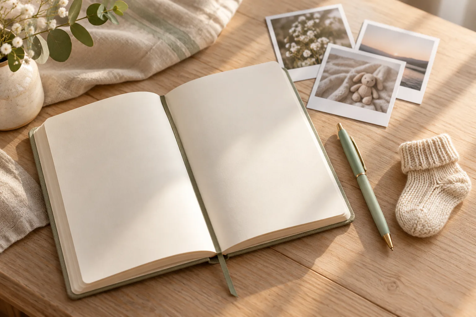 An open keepsake notebook with photo prints, a pen and a tiny knitted baby sock