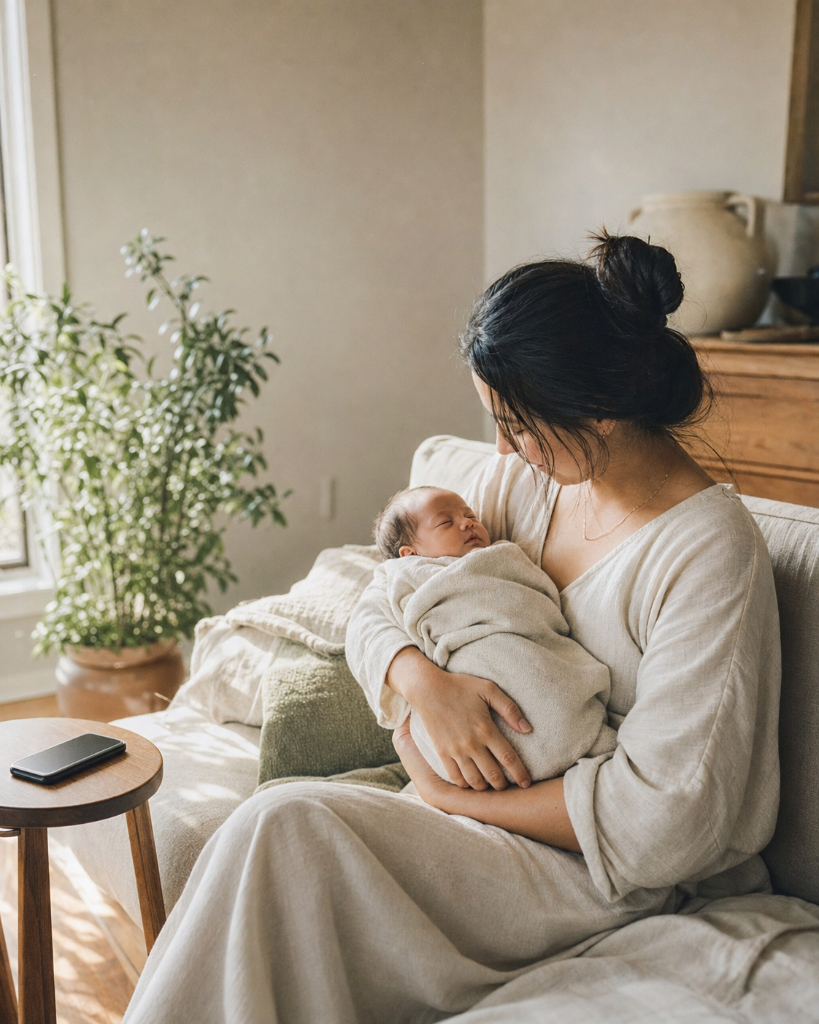 A parent holding their newborn at home